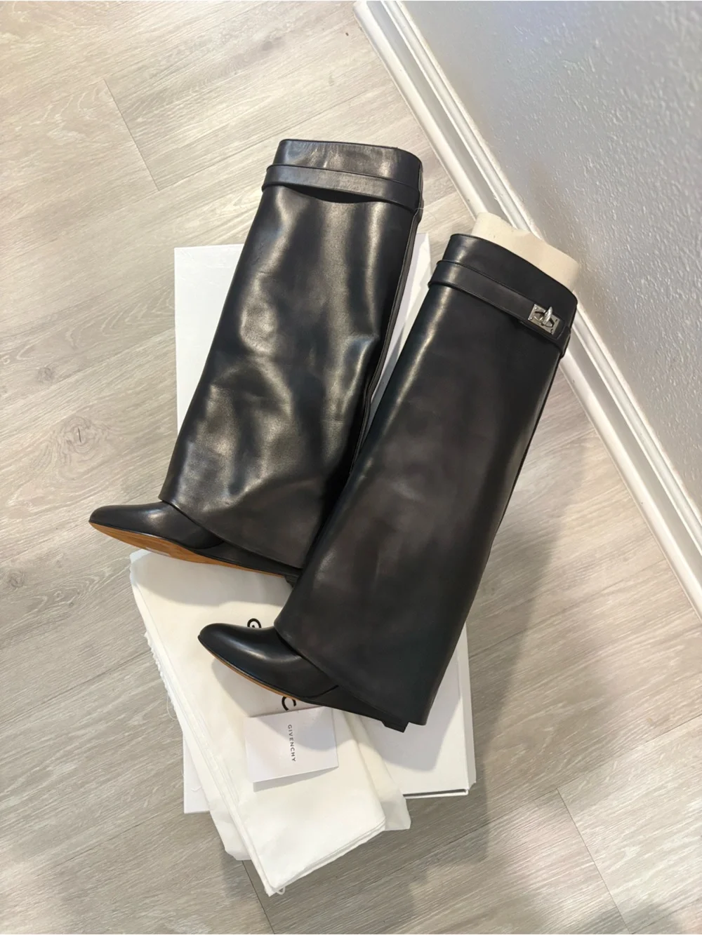 NWT Givenchy Shark Lock Black Leather Knee High Wedge Boots Size 39 1/2